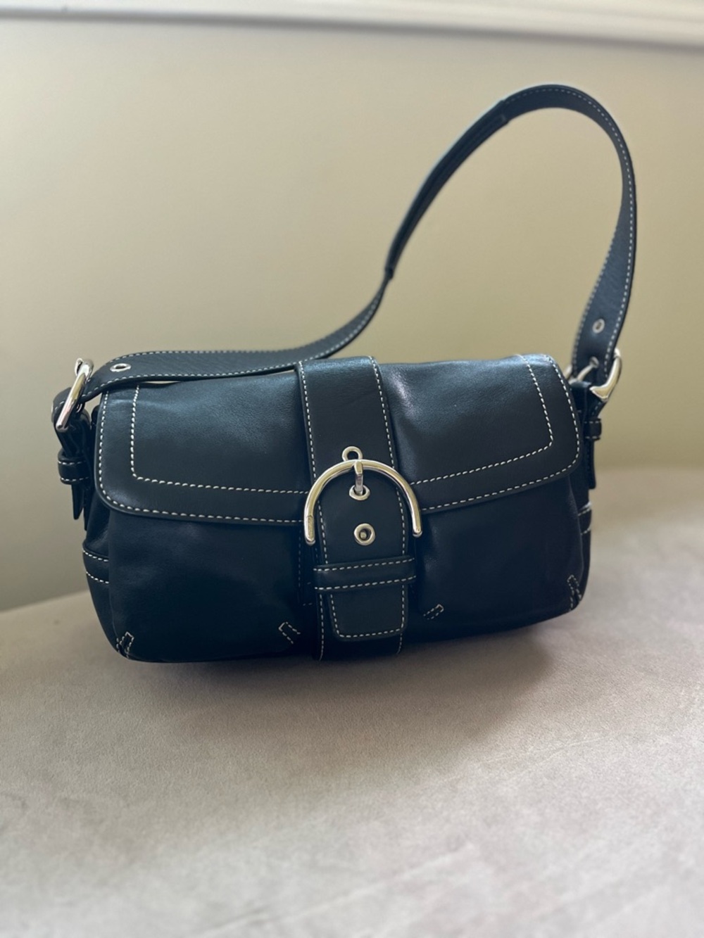 Coach Black Shoulder Bag with White Stitching